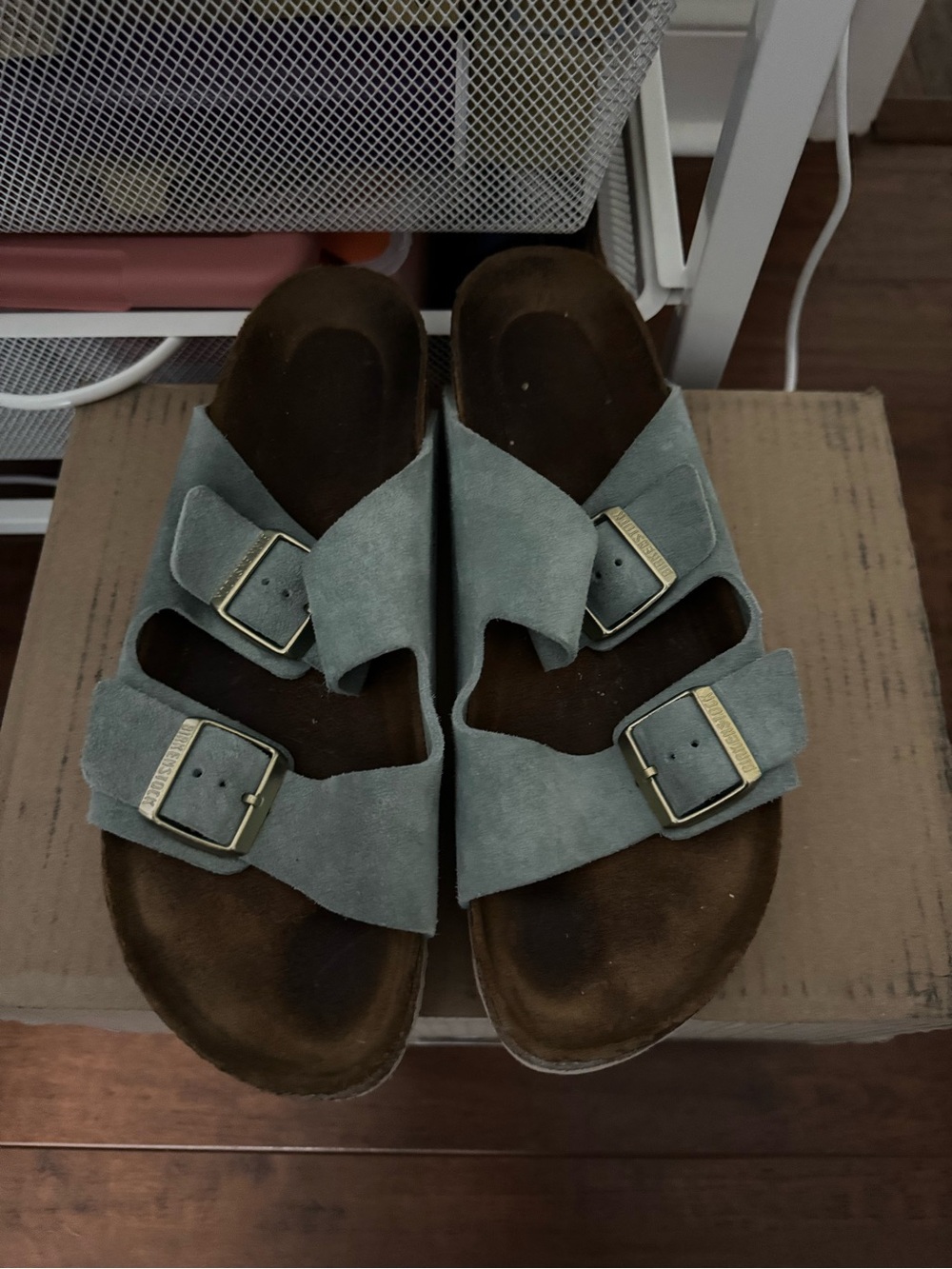 Birkenstock Arizona Suede Strappy Double-Buckle Slide Sandals - light blue